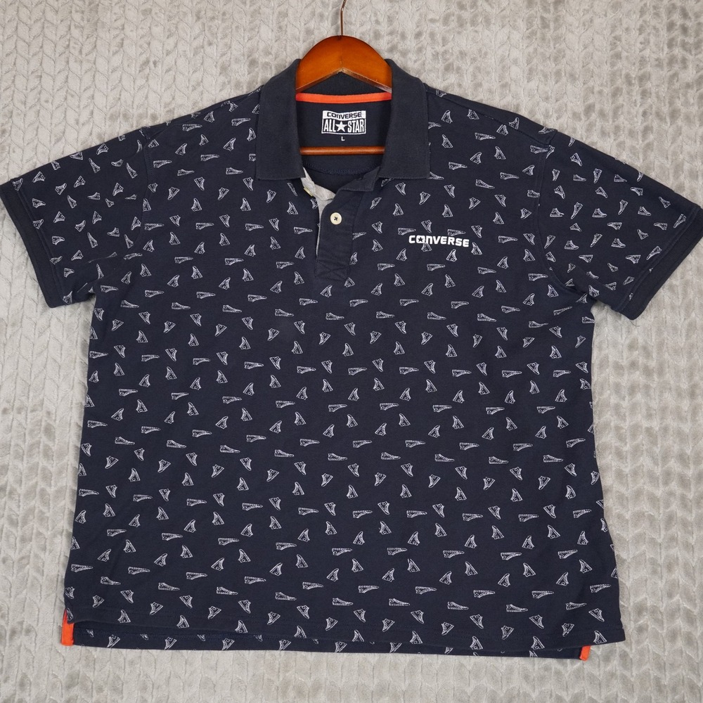 Converse Polo Shirt Boys L Navy Blue‎ All Over Sneaker Print Short Sleeve Pique